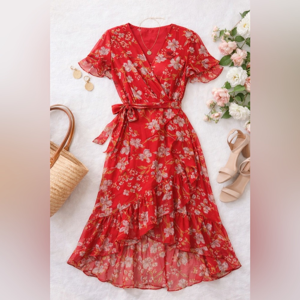Vince Camuto Red Floral Tiered Ruffle Dress